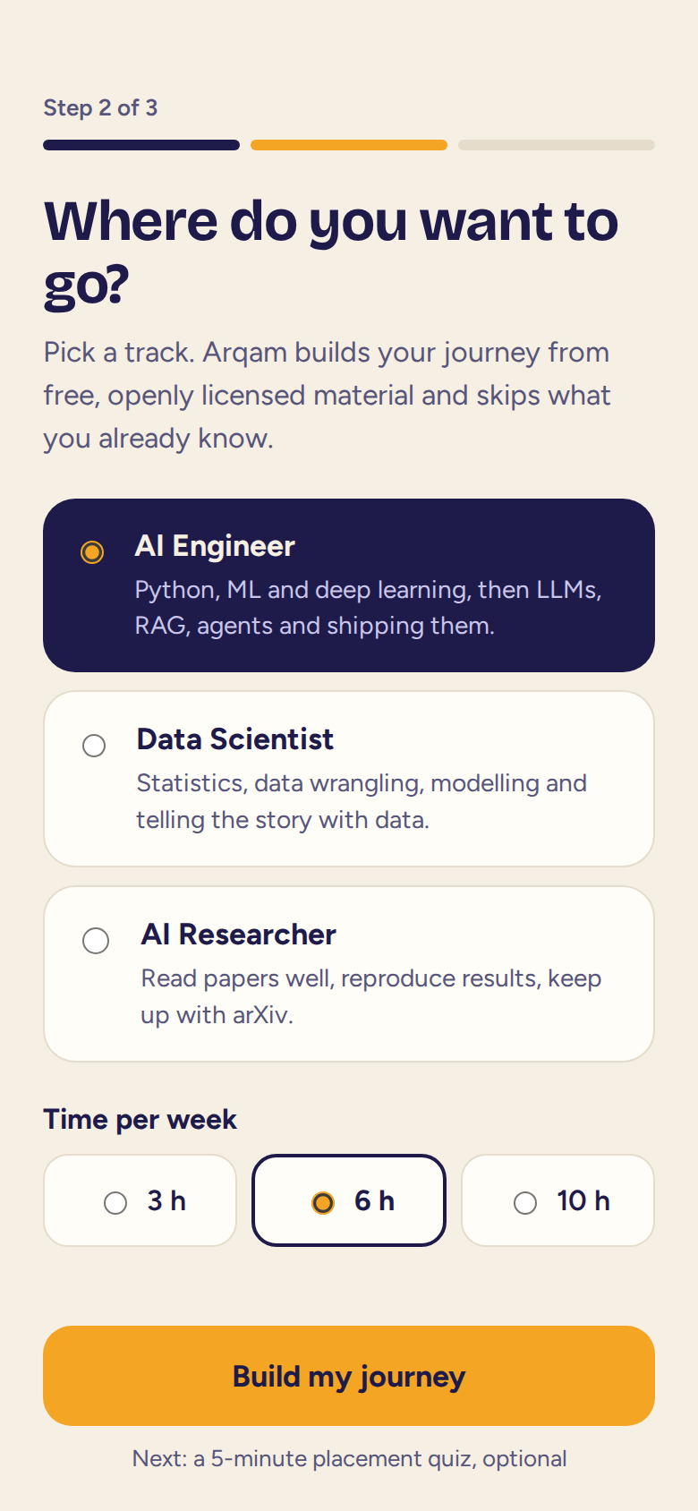 Onboarding screen: choose a track and your time per week