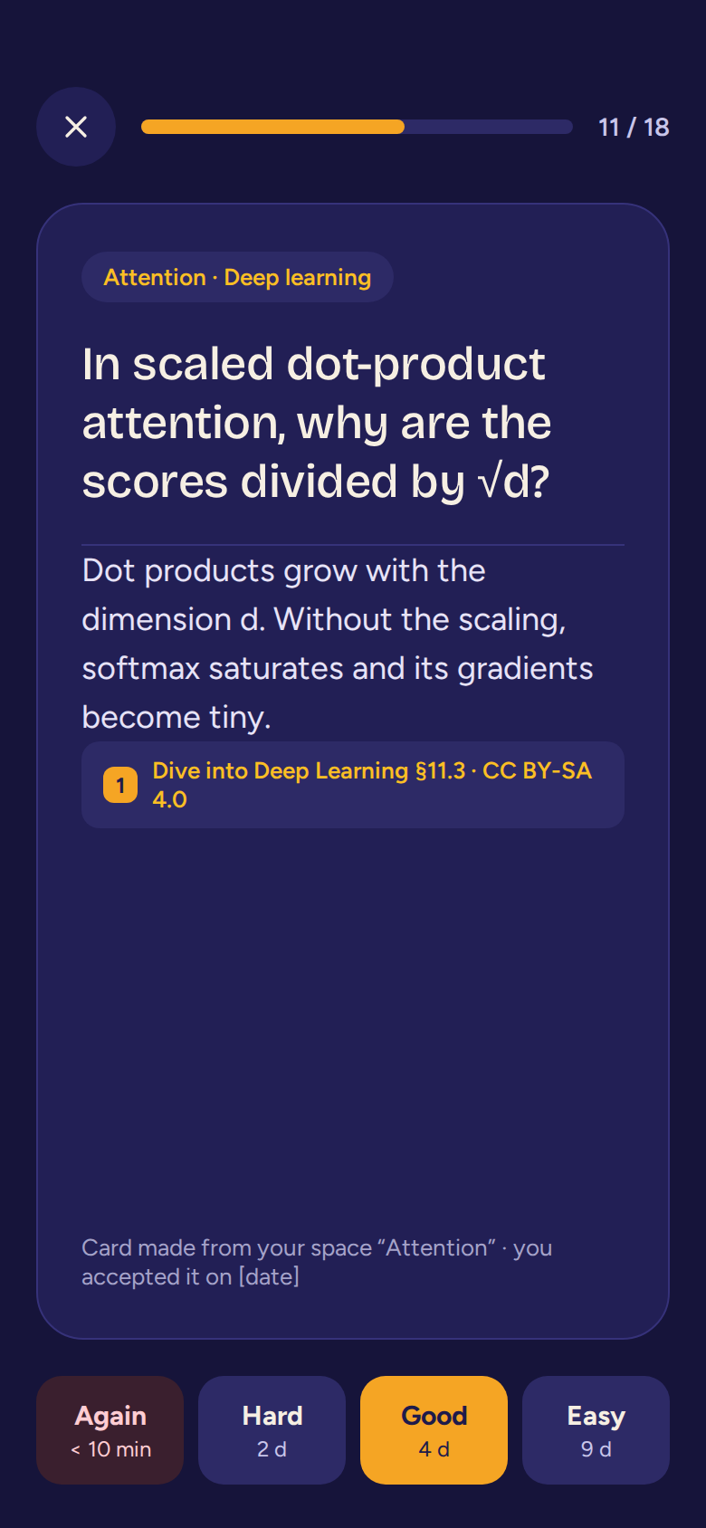 Review screen: a flashcard about attention with its cited source and four grading buttons