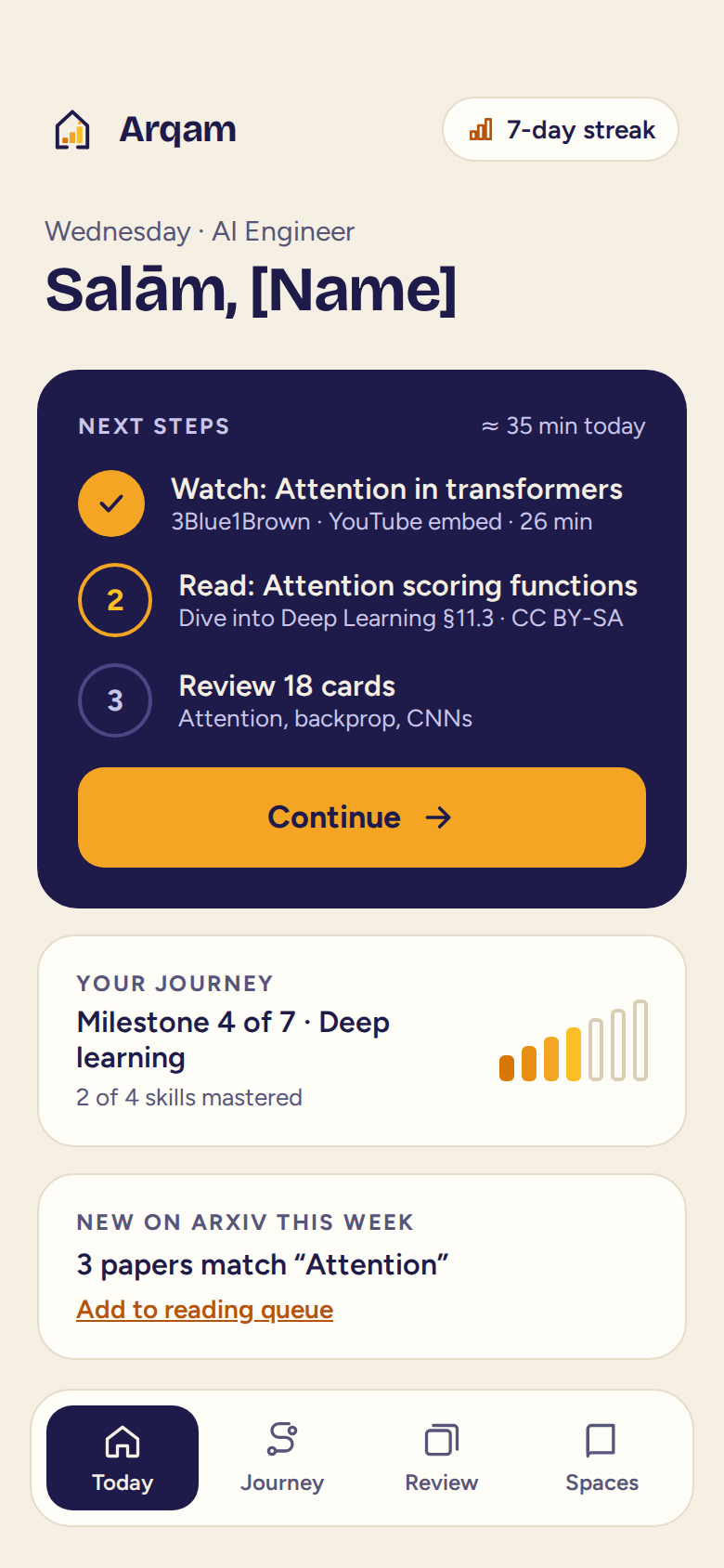 Today screen on a phone: next steps with their sources, journey progress and new papers